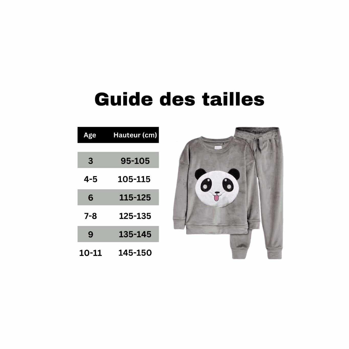 guide des tailles pyjama intégral panda 